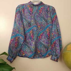 Vintage Notations Button Long Sleeve Blouse